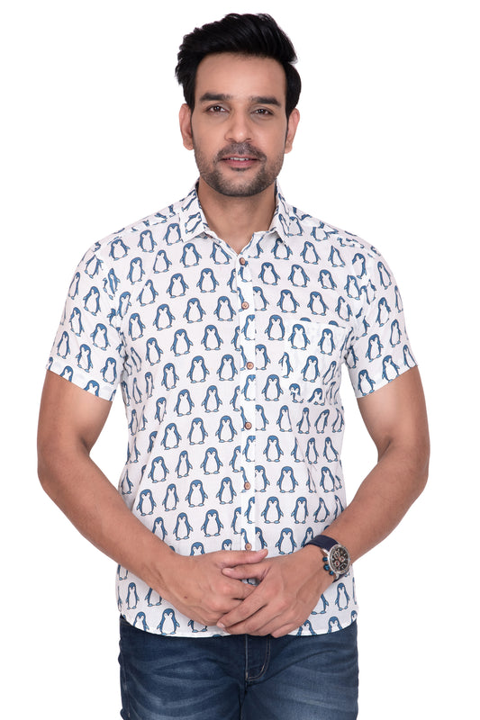 Happy Penguine Sanganeri Printed Cotton Shirt