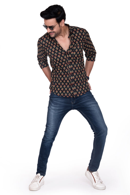 Black Gold Sanganeri Printed Cotton Shirt