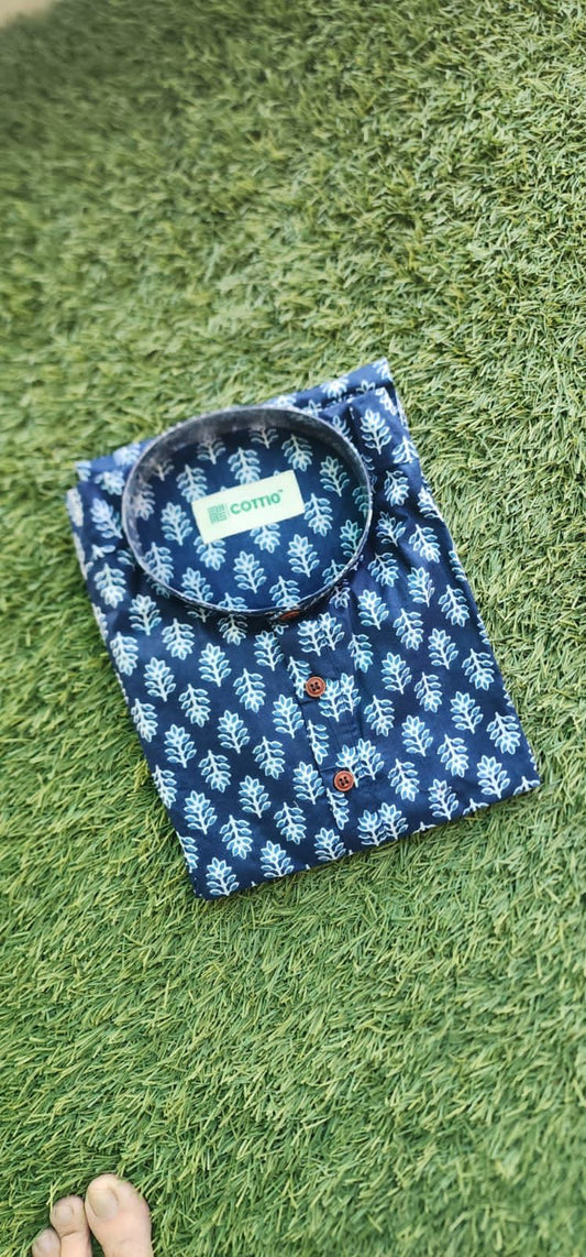Royal Blue Printed Cotton Long Kurta