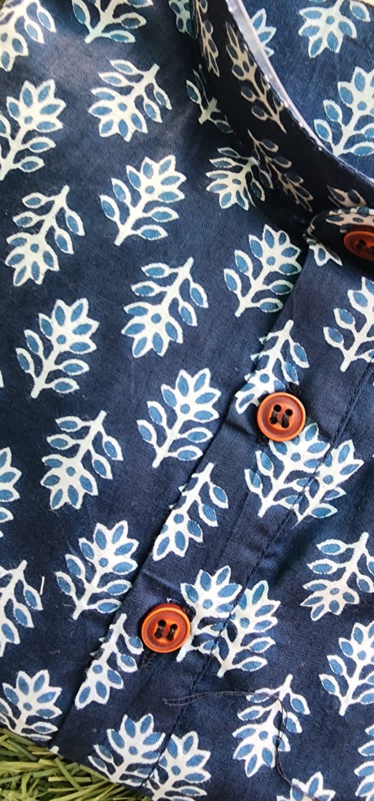 Royal Blue Printed Cotton Long Kurta