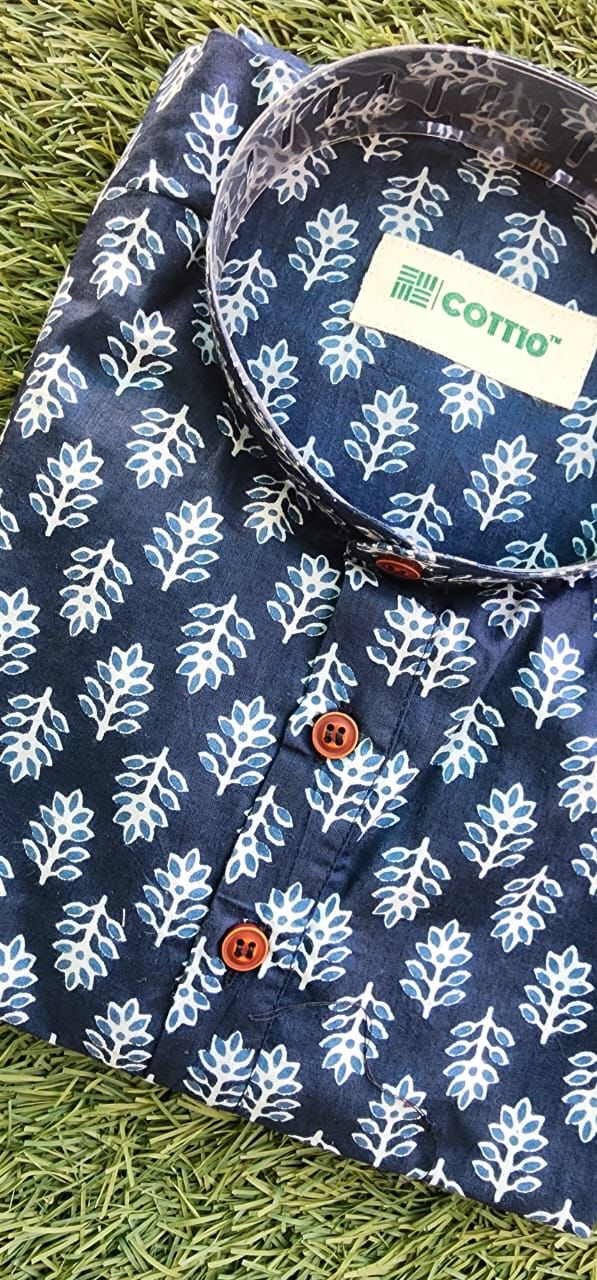 Royal Blue Printed Cotton Long Kurta