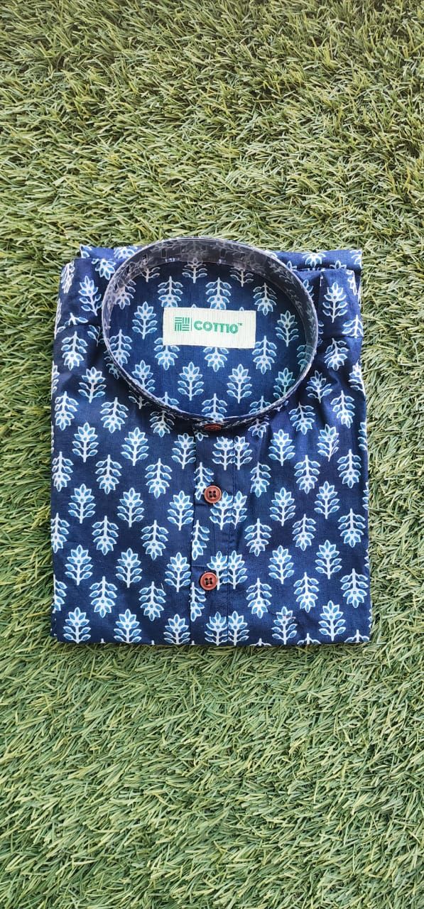 Royal Blue Printed Cotton Long Kurta