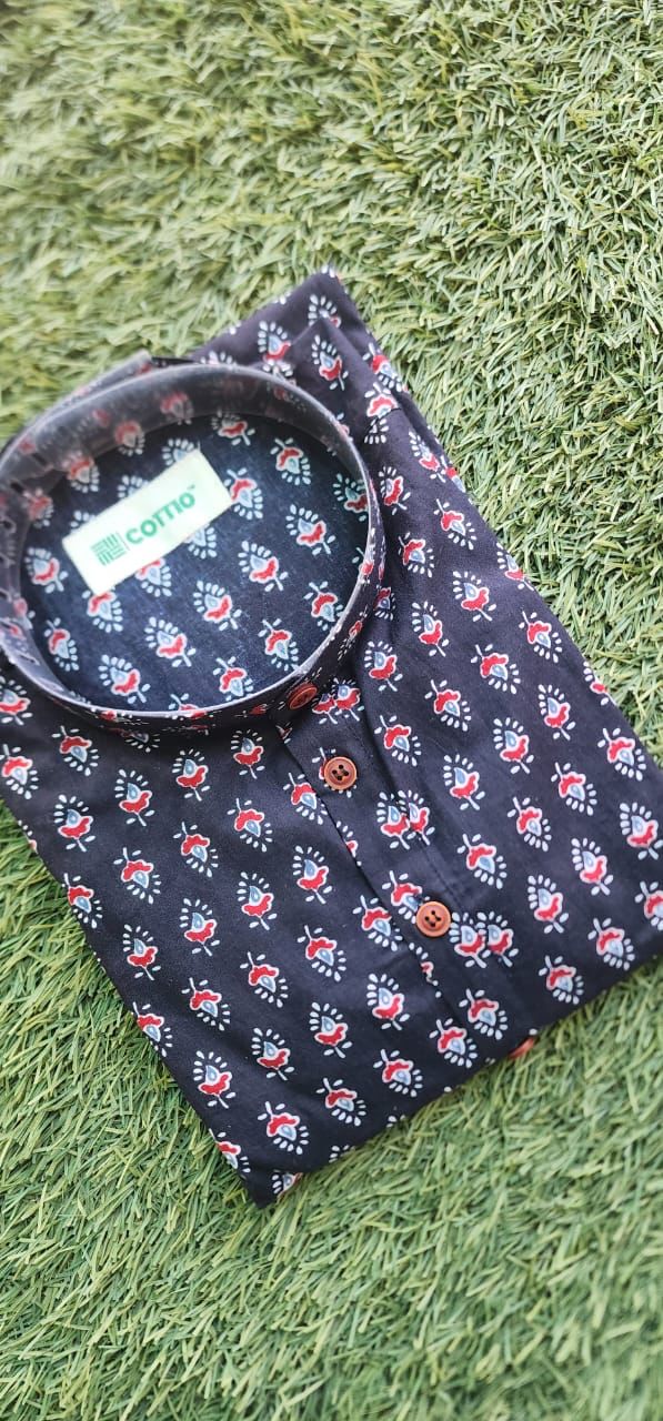 Classic Black Color Printed Cotton Long Kurta