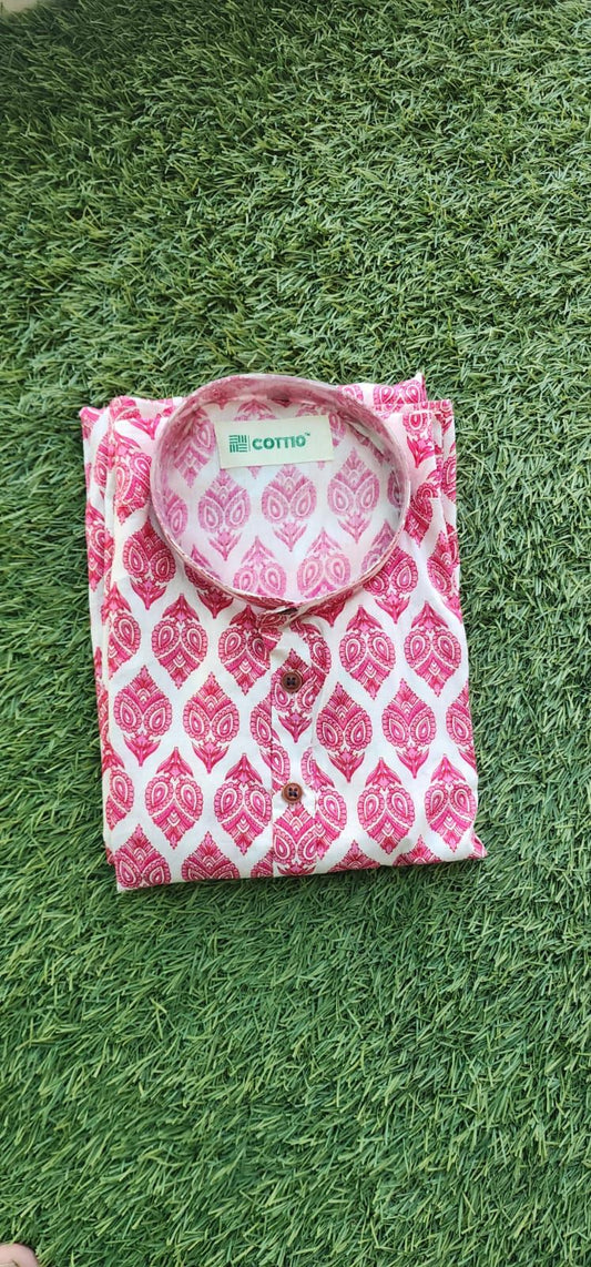 Pink Color Floral Print Cotton Long Kurta