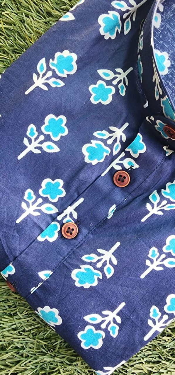 Super Blue Floral Print Cotton Long Kurta