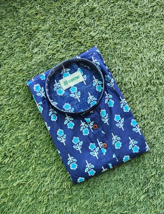 Super Blue Floral Print Cotton Long Kurta