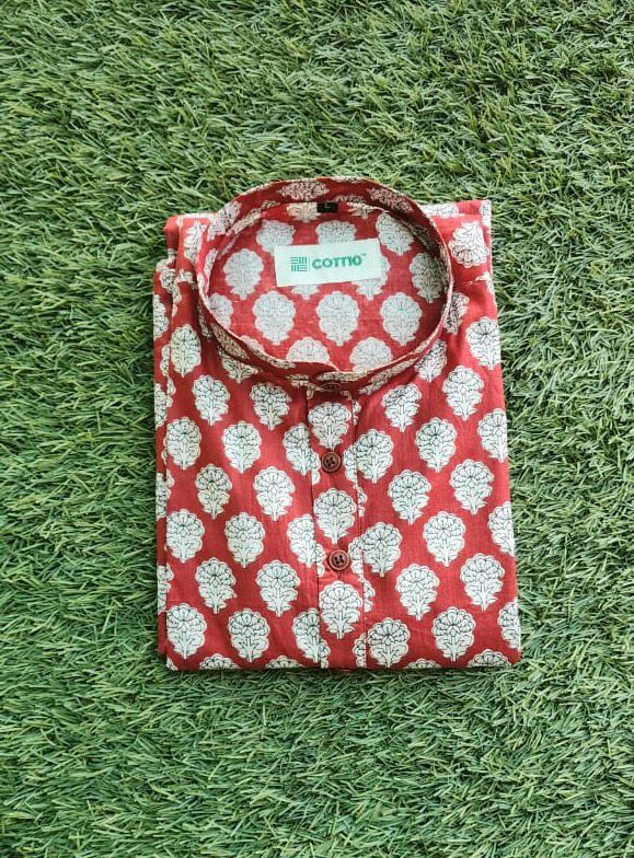 Vibrant Red Print Cotton Long Kurta