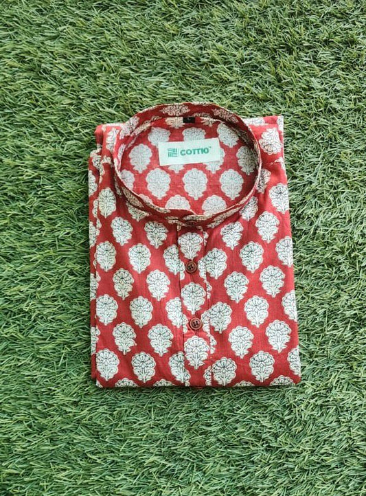 Vibrant Red Print Cotton Long Kurta