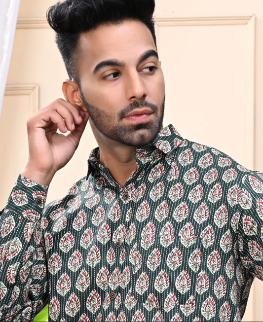 Green - Floral Print Sanganeri Shirt