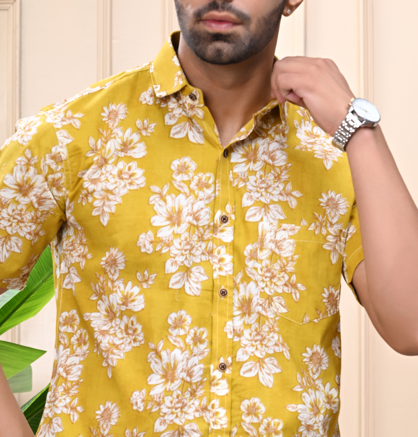 Floral Print Yellow Classic Sanganeri Shirt