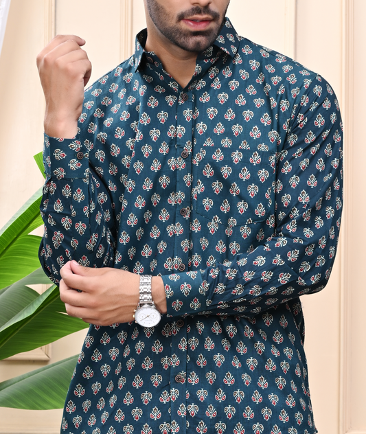 Green - Gold Classic Sanganeri Shirt