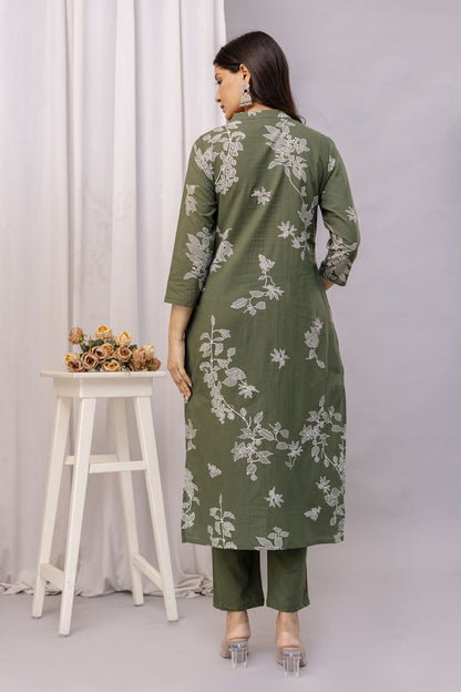 PHULWAARI - Signature Printed Green Colour Cotton Kurta Set with Pintuck Detailing