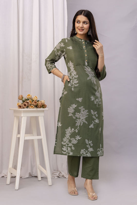PHULWAARI - Signature Printed Green Colour Cotton Kurta Set with Pintuck Detailing