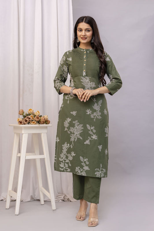 PHULWAARI - Signature Printed Green Colour Cotton Kurta Set with Pintuck Detailing