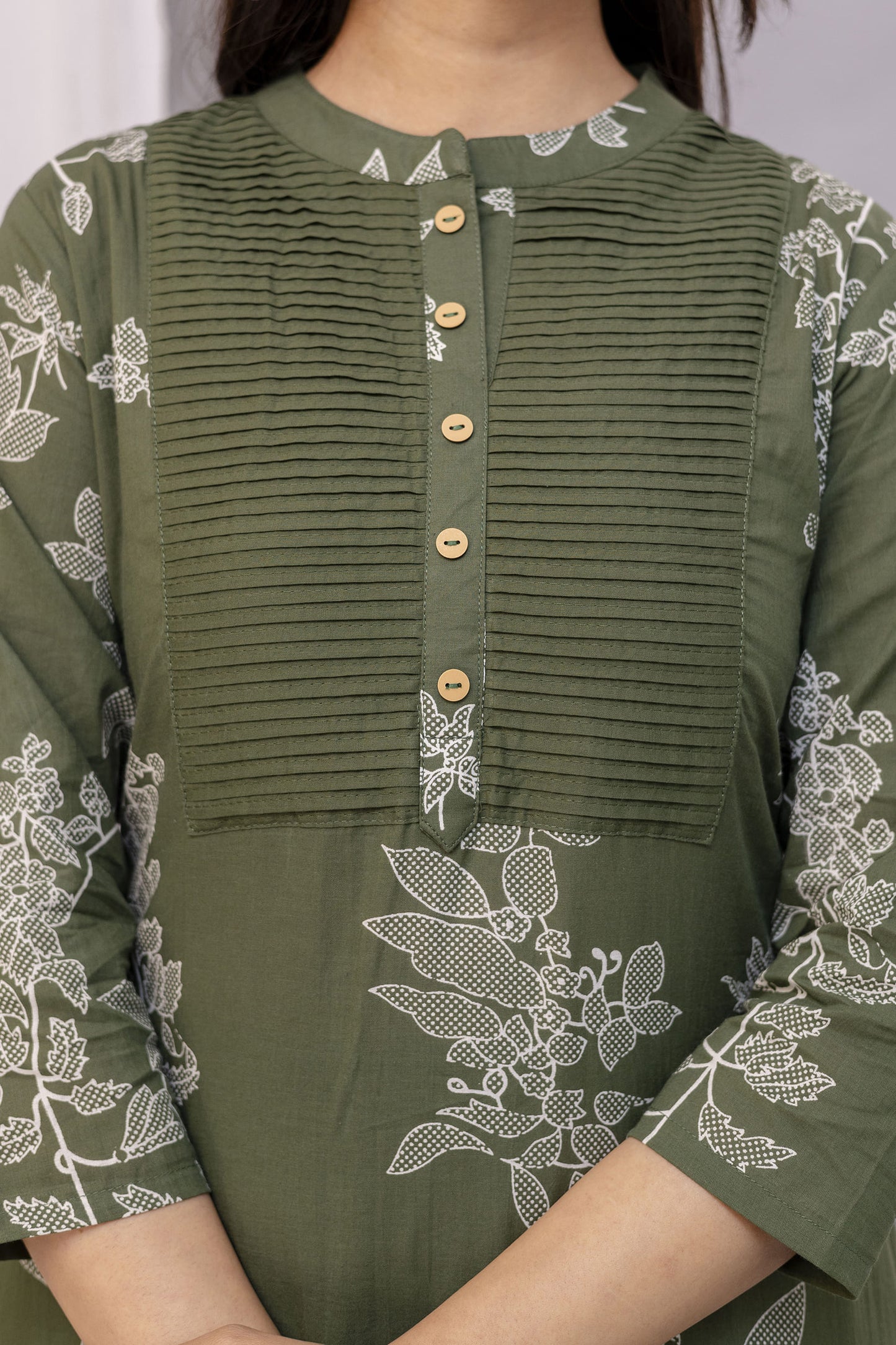 PHULWAARI - Signature Printed Green Colour Cotton Kurta Set with Pintuck Detailing