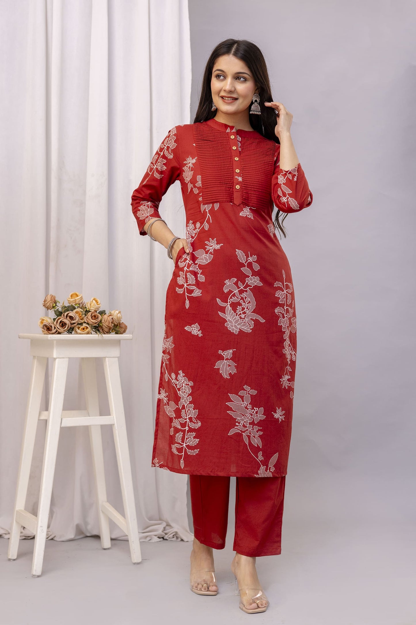 PHULWAARI - Signature Printed Rust Colour Cotton Kurta Set with Pintuck Detailing