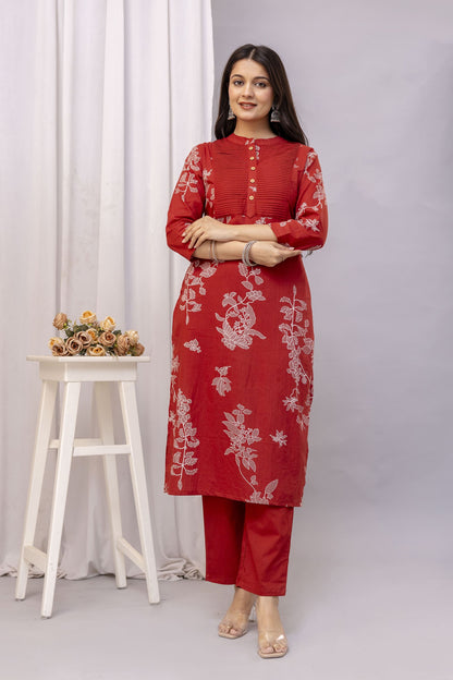 PHULWAARI - Signature Printed Rust Colour Cotton Kurta Set with Pintuck Detailing