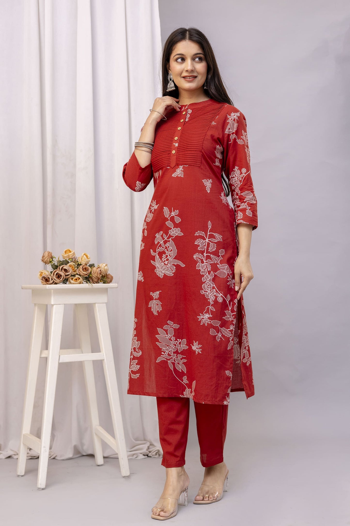 PHULWAARI - Signature Printed Rust Colour Cotton Kurta Set with Pintuck Detailing