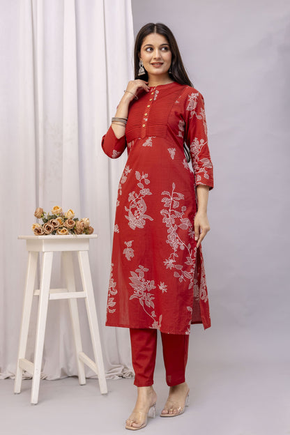 PHULWAARI - Signature Printed Rust Colour Cotton Kurta Set with Pintuck Detailing