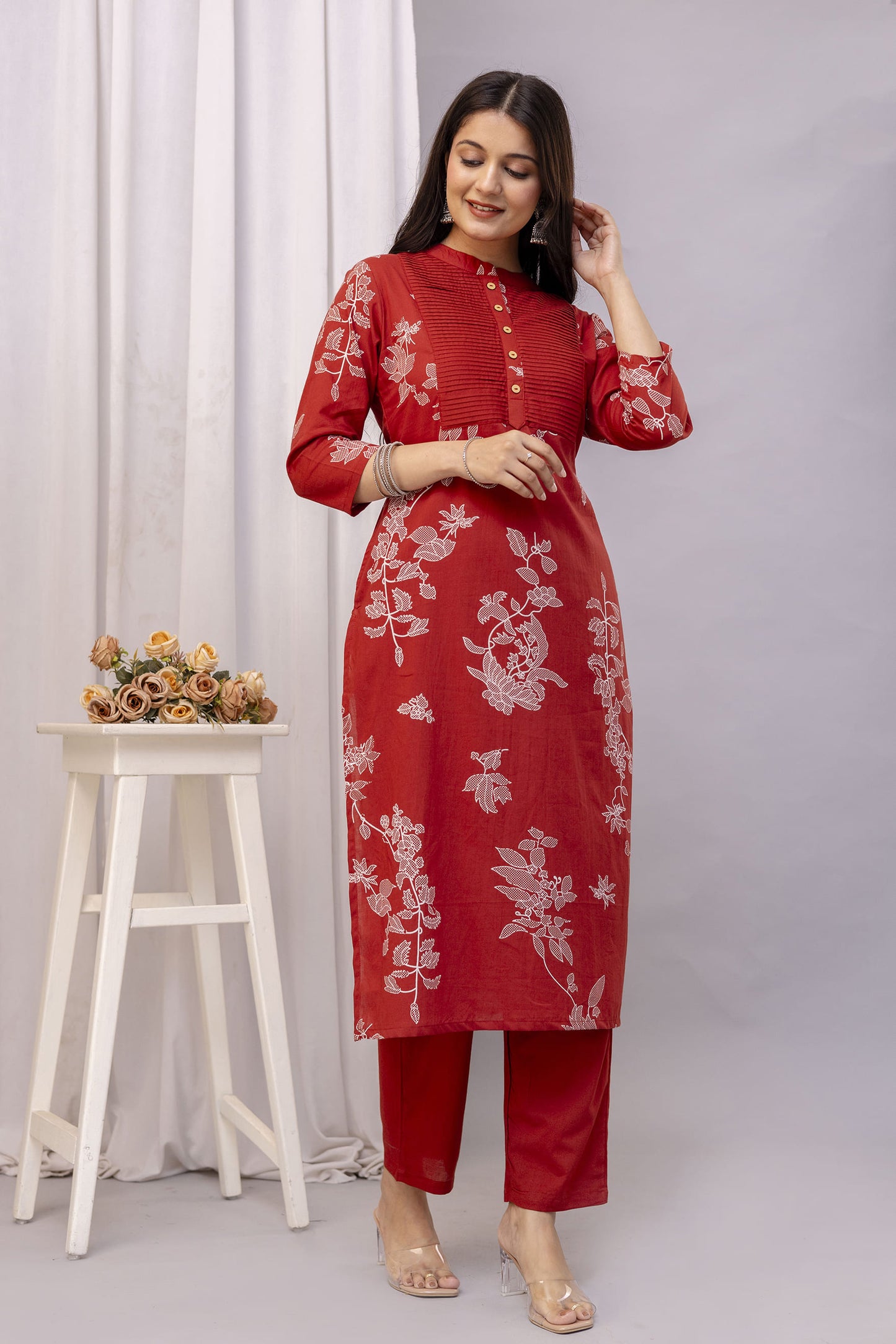 PHULWAARI - Signature Printed Rust Colour Cotton Kurta Set with Pintuck Detailing