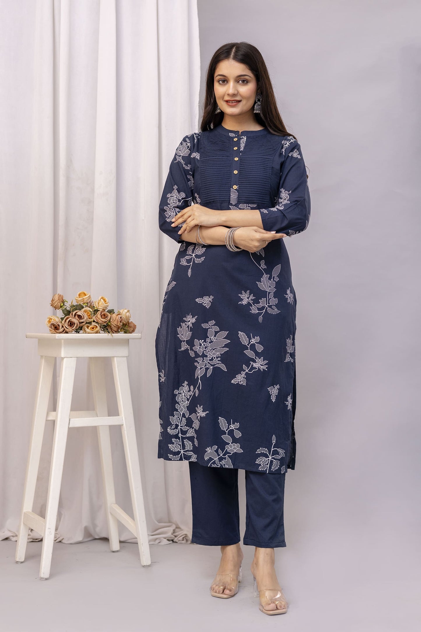 PHULWAARI - Signature Printed Blue Colour Cotton Kurta Set with Pintuck Detailing