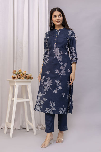 PHULWAARI - Signature Printed Blue Colour Cotton Kurta Set with Pintuck Detailing