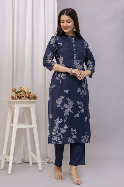 PHULWAARI - Signature Printed Blue Colour Cotton Kurta Set with Pintuck Detailing