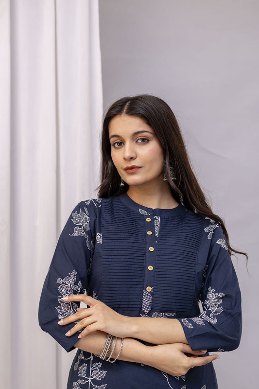 PHULWAARI - Signature Printed Blue Colour Cotton Kurta Set with Pintuck Detailing