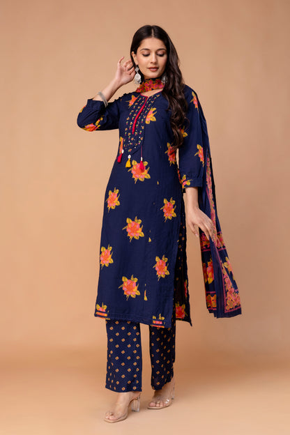 PHULWAARI - Signature Floral Printed Royal Blue Kurta Set with Dupatta