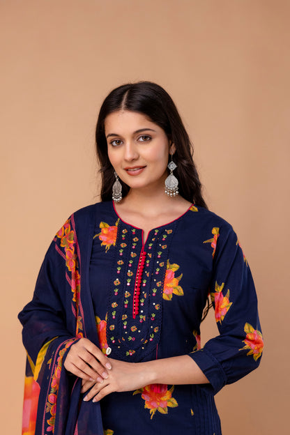 PHULWAARI - Signature Floral Printed Royal Blue Kurta Set with Dupatta