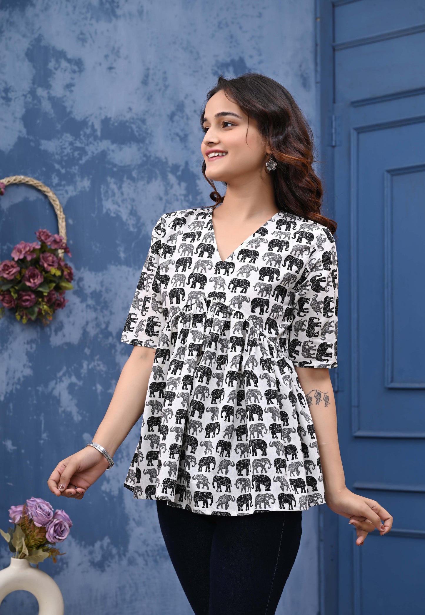 Elephant Print Sanganeri Women's Top