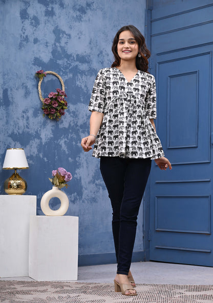 Elephant Print Sanganeri Women's Top