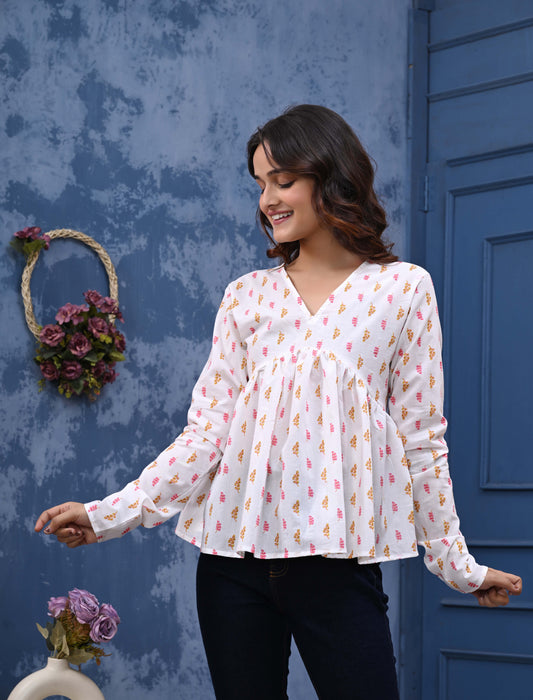 Pink And Orange Leaf Print Sanganeri Women's Top