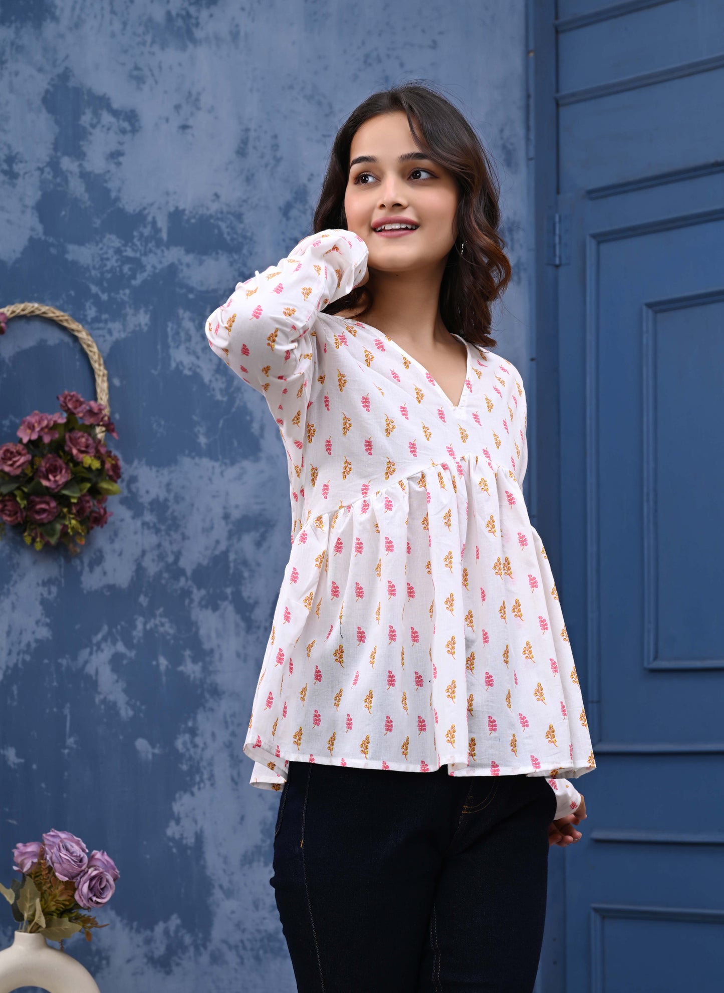 Pink And Orange Leaf Print Sanganeri Women's Top
