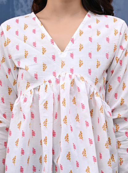 Pink And Orange Leaf Print Sanganeri Women's Top