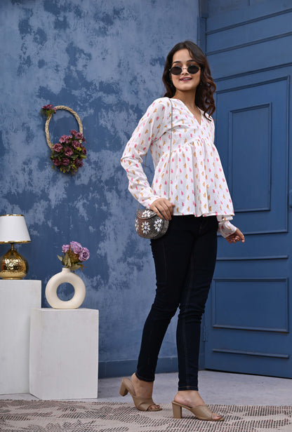 Pink And Orange Leaf Print Sanganeri Women's Top