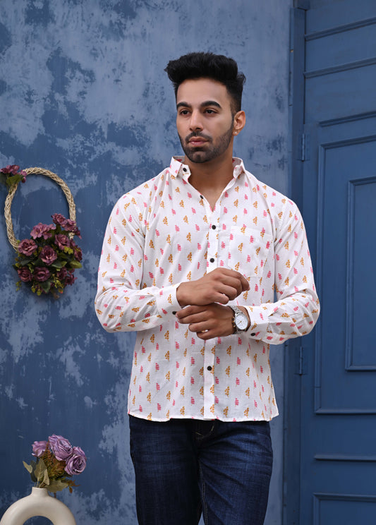 PInk And Orange Leaf Sanganeri Print Shirt