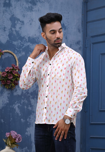 PInk And Orange Leaf Sanganeri Print Shirt