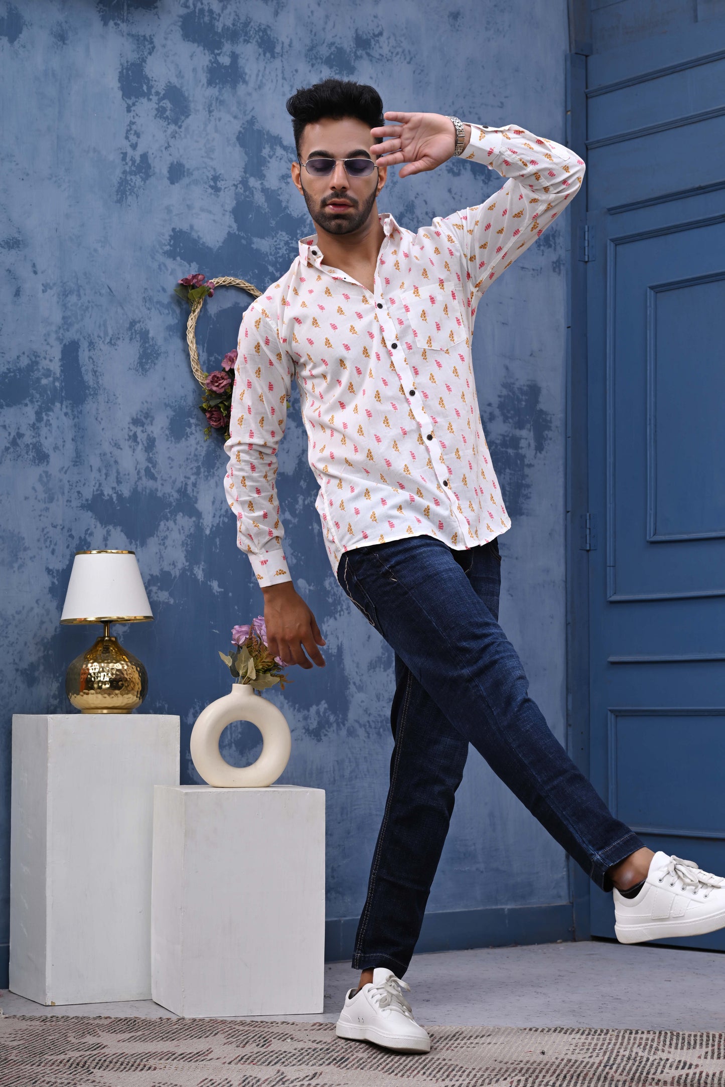 PInk And Orange Leaf Sanganeri Print Shirt