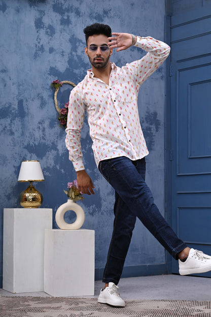 PInk And Orange Leaf Sanganeri Print Shirt