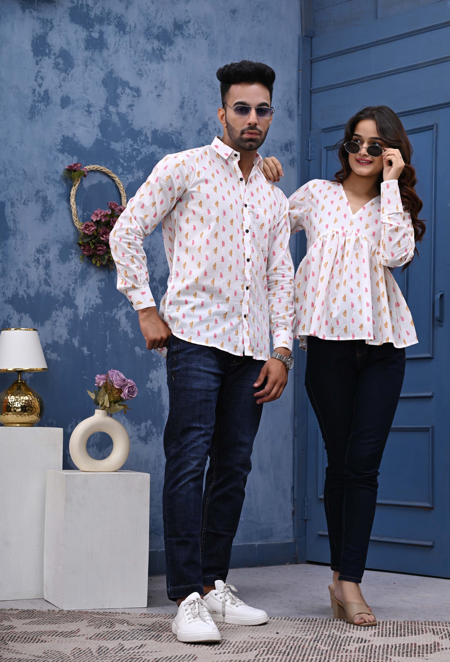 Pink & Orange Leaf Print Sanganeri Combo