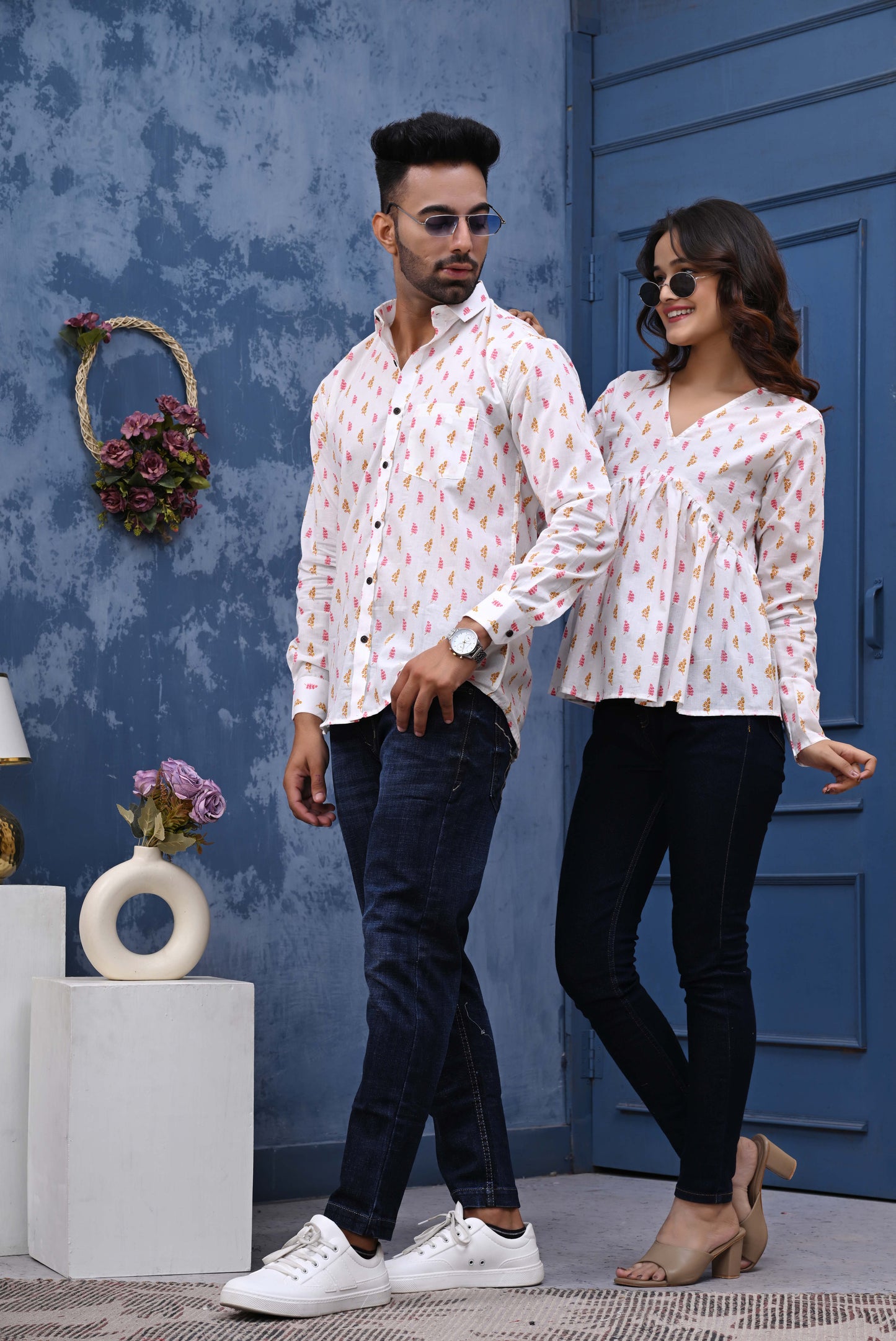 Pink & Orange Leaf Print Sanganeri Combo