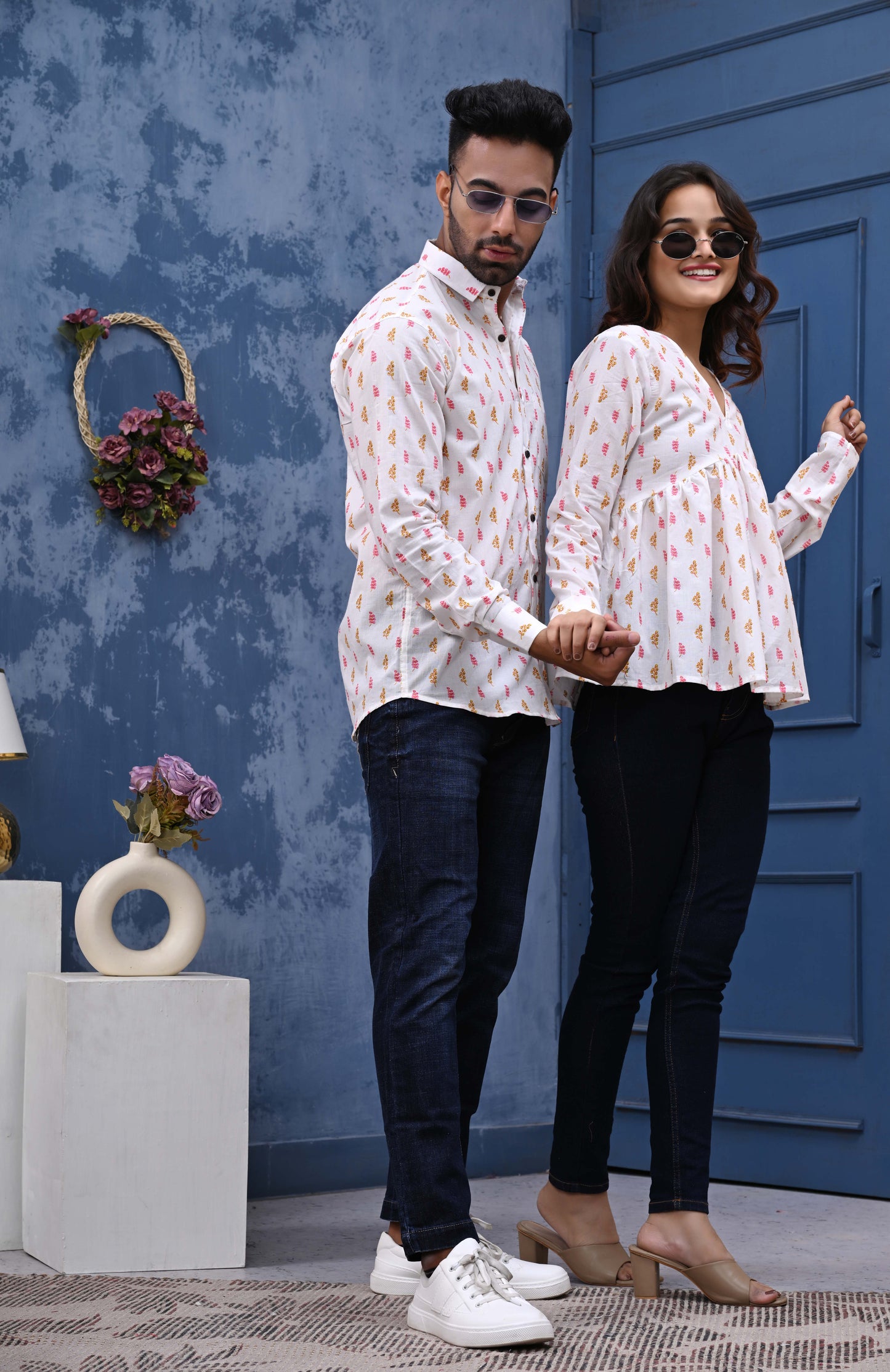 Pink & Orange Leaf Print Sanganeri Combo