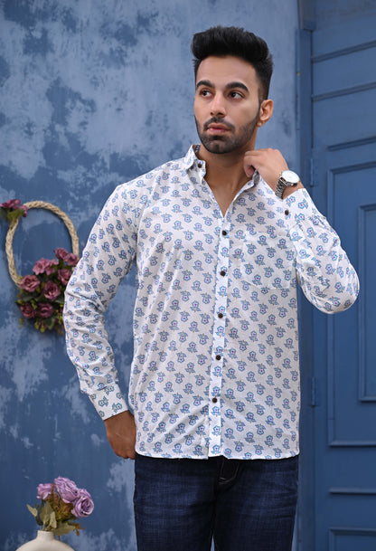 White Blue Flowers Print Sanganeri Shirt