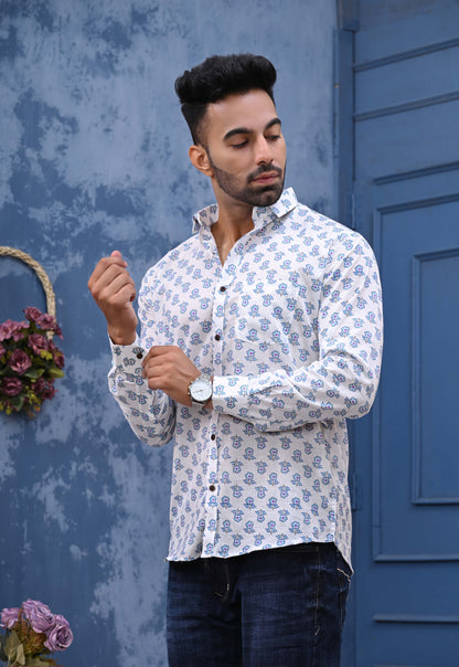 White Blue Flowers Print Sanganeri Shirt