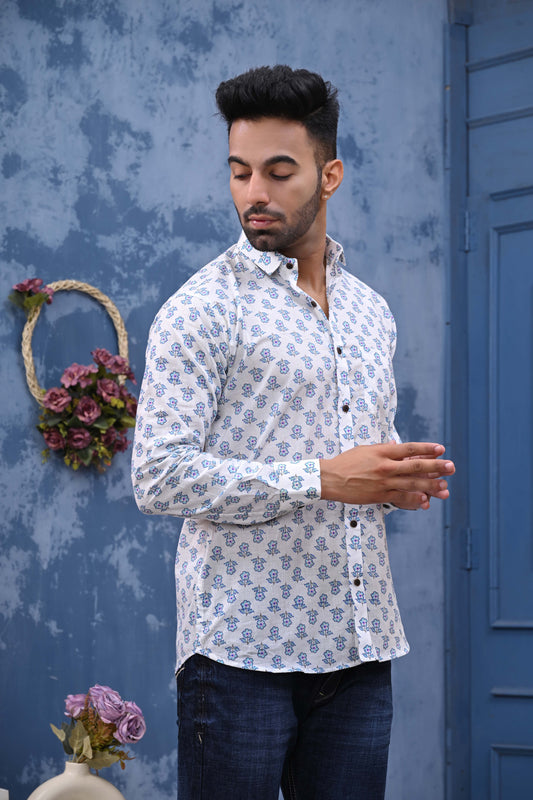 White Blue Flowers Print Sanganeri Shirt