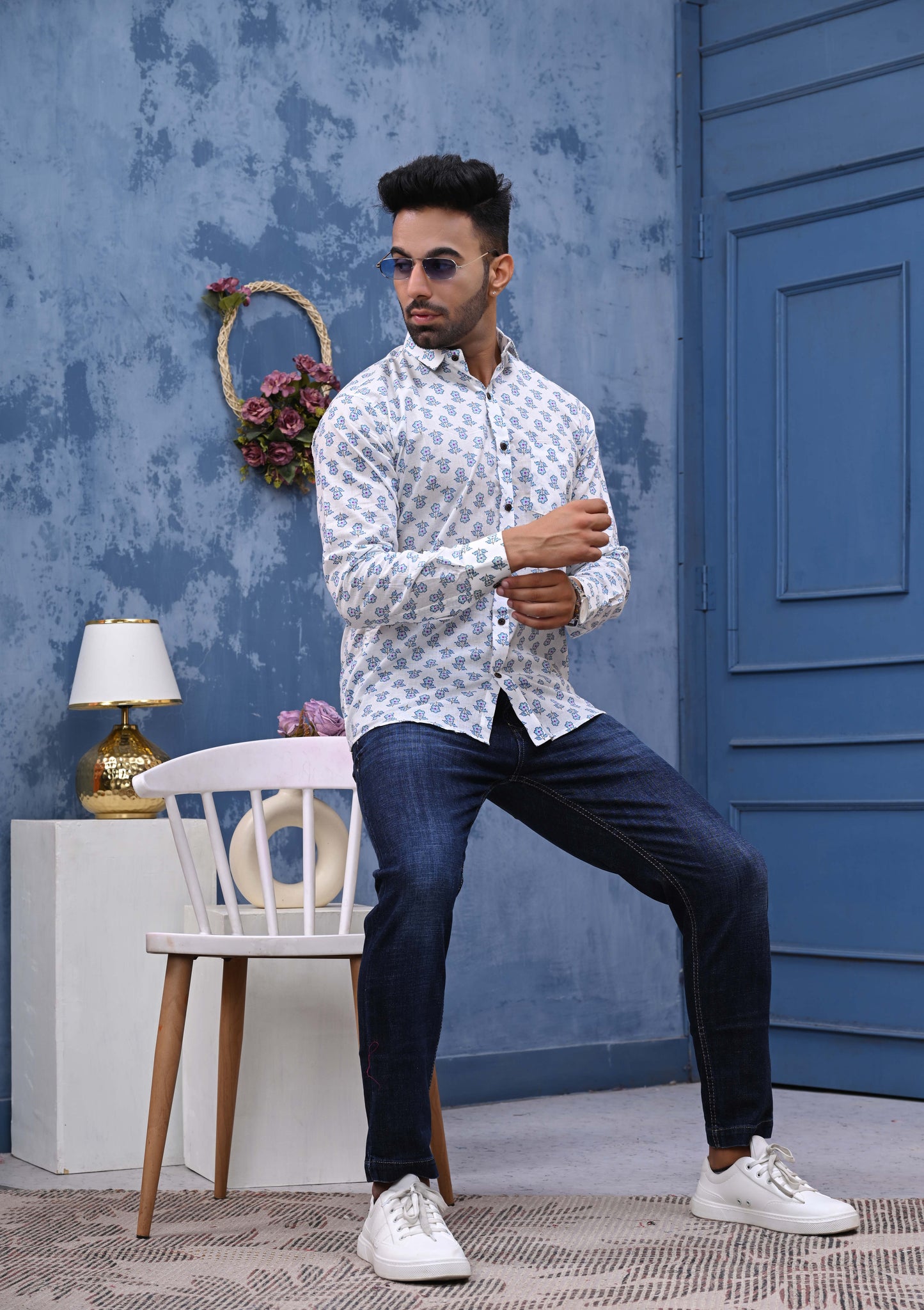 White Blue Flowers Print Sanganeri Shirt