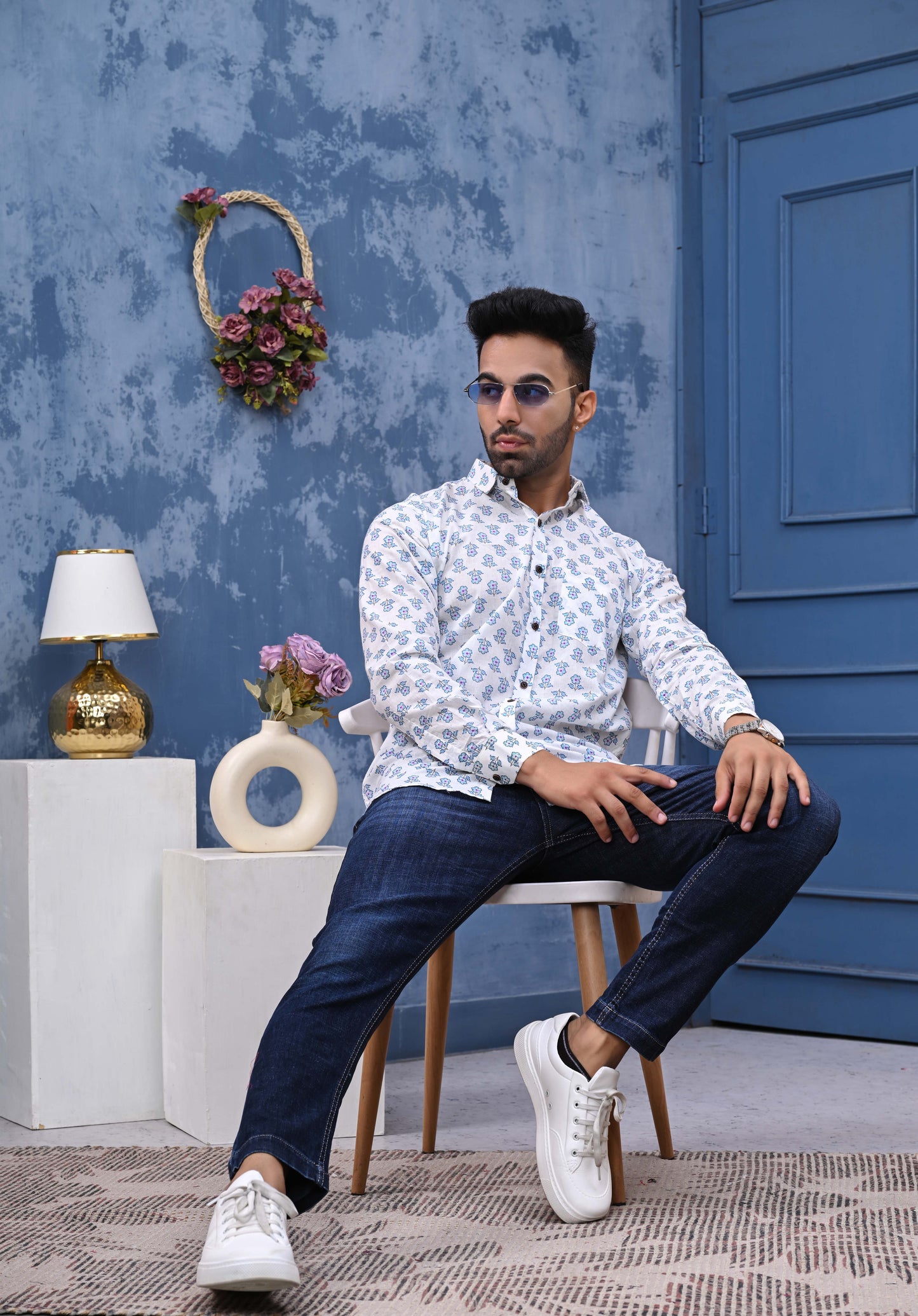 White Blue Flowers Print Sanganeri Shirt