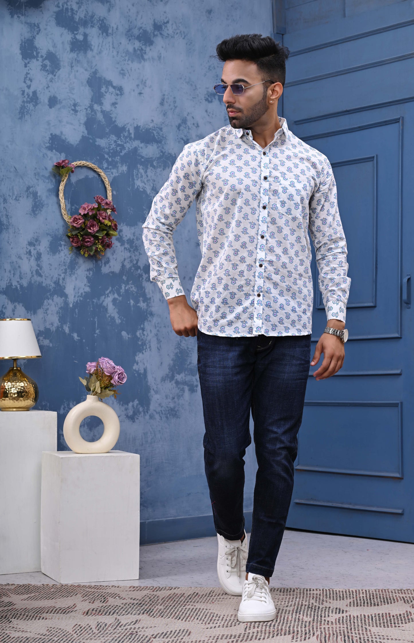 White Blue Flowers Print Sanganeri Shirt