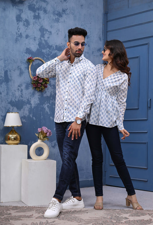 White Blue Flower Print Sanganeri Combo